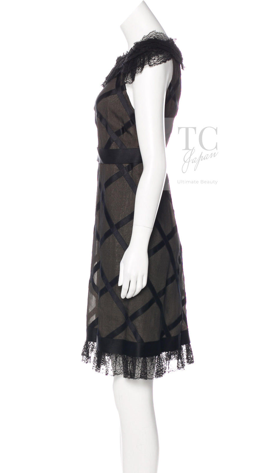 CHANEL 07S Black Brown Satin Silk Trim Dress 38 40 シャネル ブラック ブラウン サテン シルク トリム ワンピース 即発