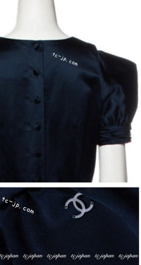 CHANEL 08C Navy Silk Dress 38 シャネル ネイビー サテン シルク ドレス ワンピース 即発