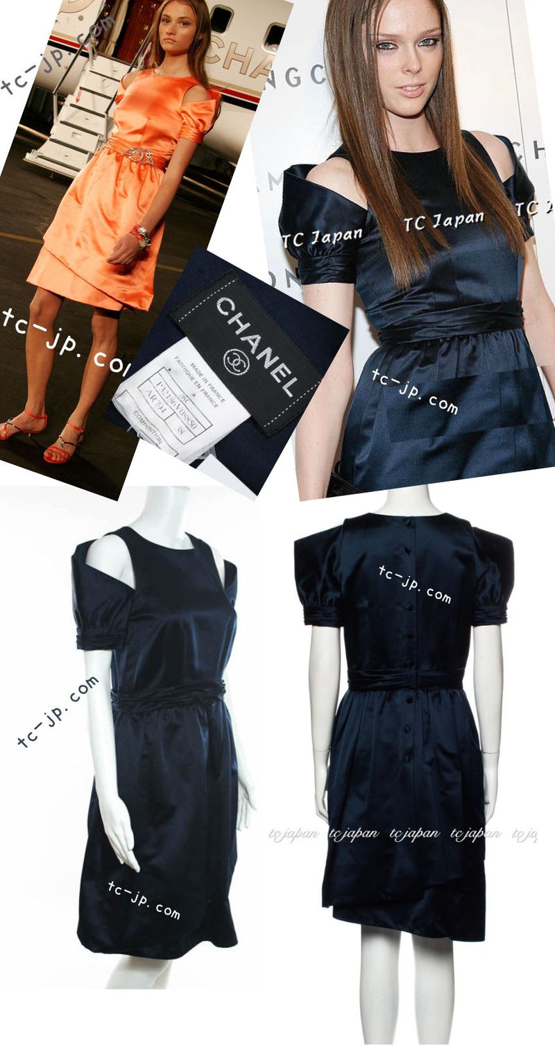 CHANEL 08C Navy Silk Dress 38 シャネル ネイビー サテン シルク ドレス ワンピース 即発