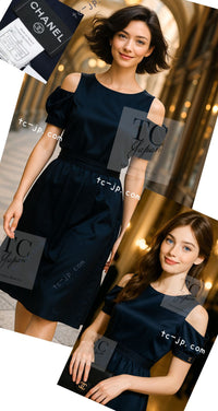 CHANEL 08C Navy Silk Dress 38 シャネル ネイビー サテン シルク ドレス ワンピース 即発