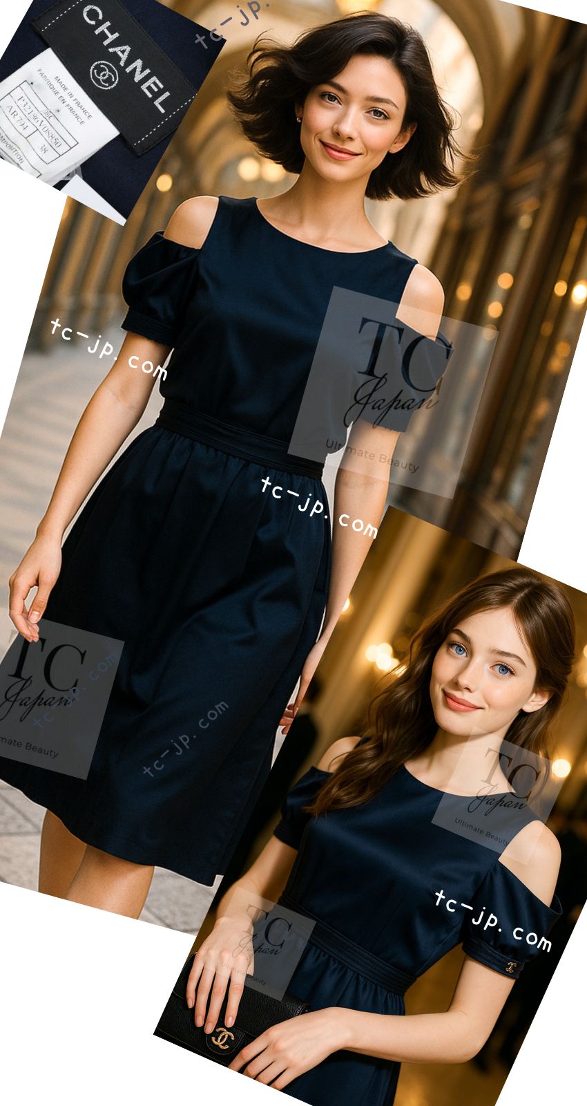 CHANEL 08C Navy Silk Dress 38 シャネル ネイビー サテン シルク ドレス ワンピース 即発