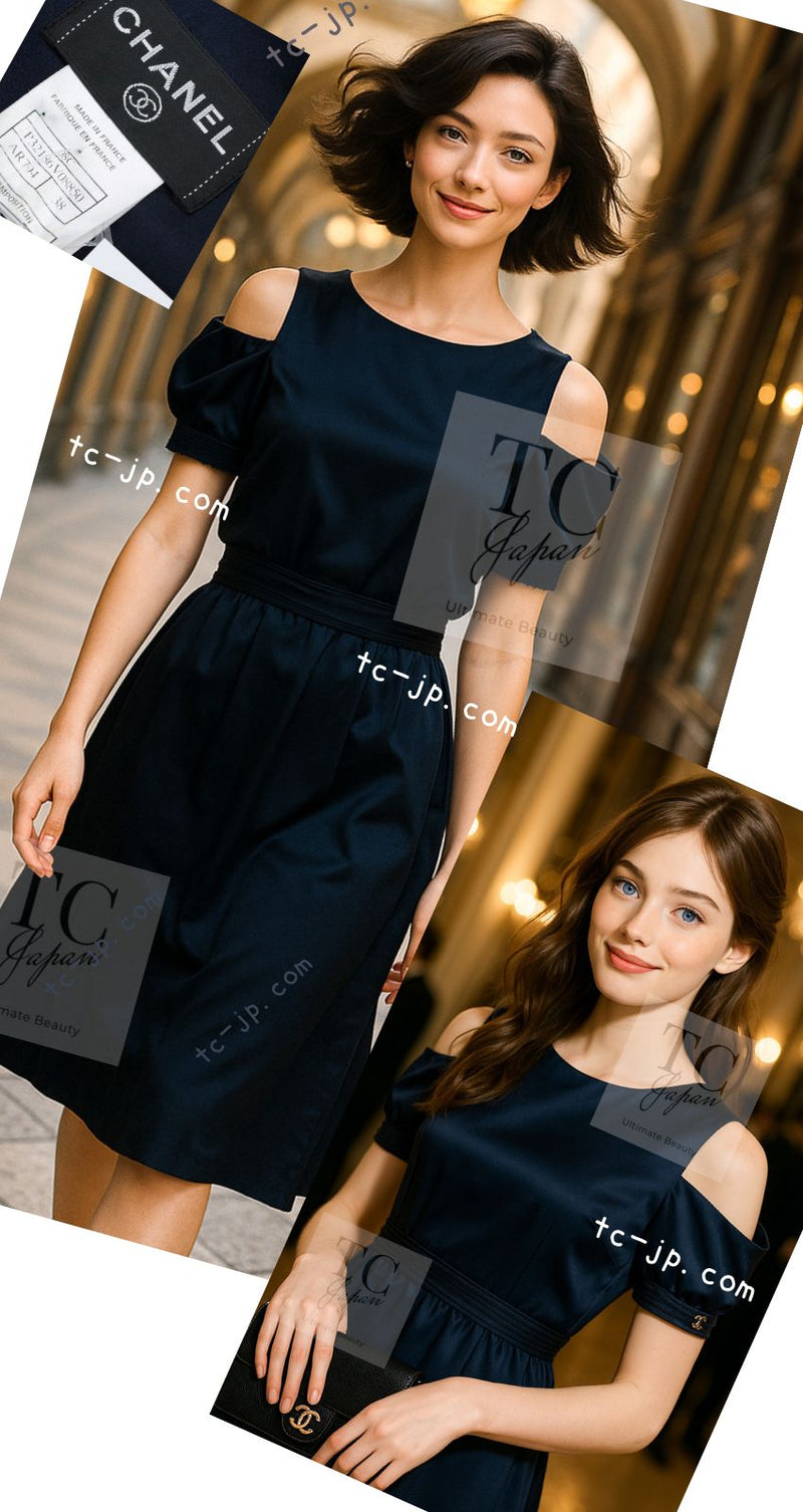 CHANEL 08C Navy Silk Dress 38 シャネル ネイビー サテン シルク ドレス ワンピース 即発