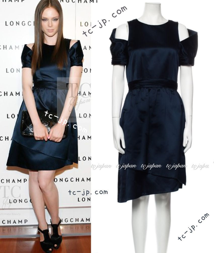 CHANEL 08C Navy Silk Dress 38 シャネル ネイビー サテン シルク ドレス ワンピース 即発
