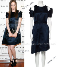 CHANEL 08C Navy Silk Dress 38 シャネル ネイビー サテン シルク ドレス ワンピース 即発
