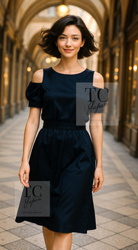 CHANEL 08C Navy Silk Dress 38 シャネル ネイビー サテン シルク ドレス ワンピース 即発