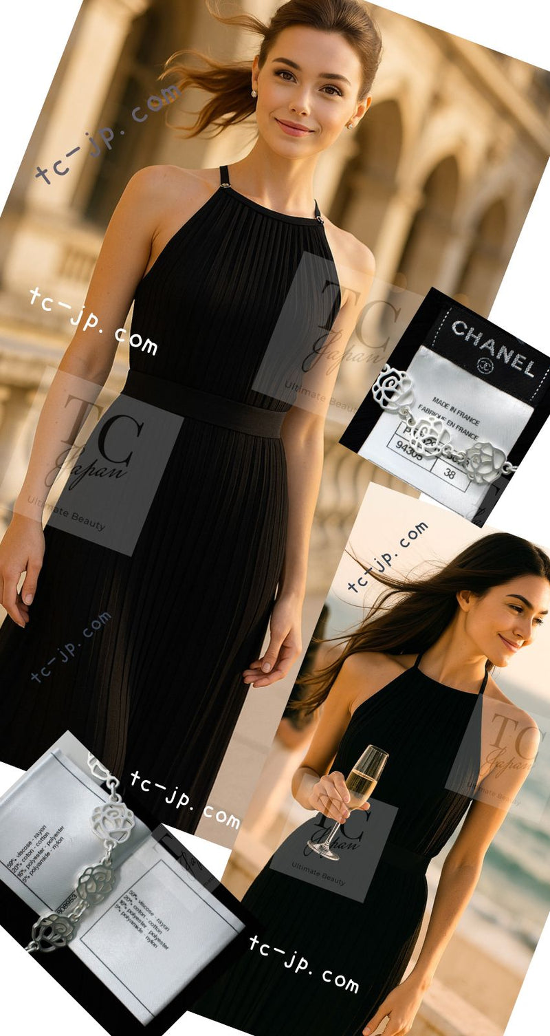 CHANEL 14C Black Sleeveless Belted Party Long Dress 38 シャネル ブラック ノースリーブ ベルト パーティー ニット ロング ワンピース 即発