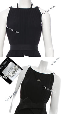CHANEL 14C Black Sleeveless Belted Party Long Dress 38 シャネル ブラック ノースリーブ ベルト パーティー ニット ロング ワンピース 即発