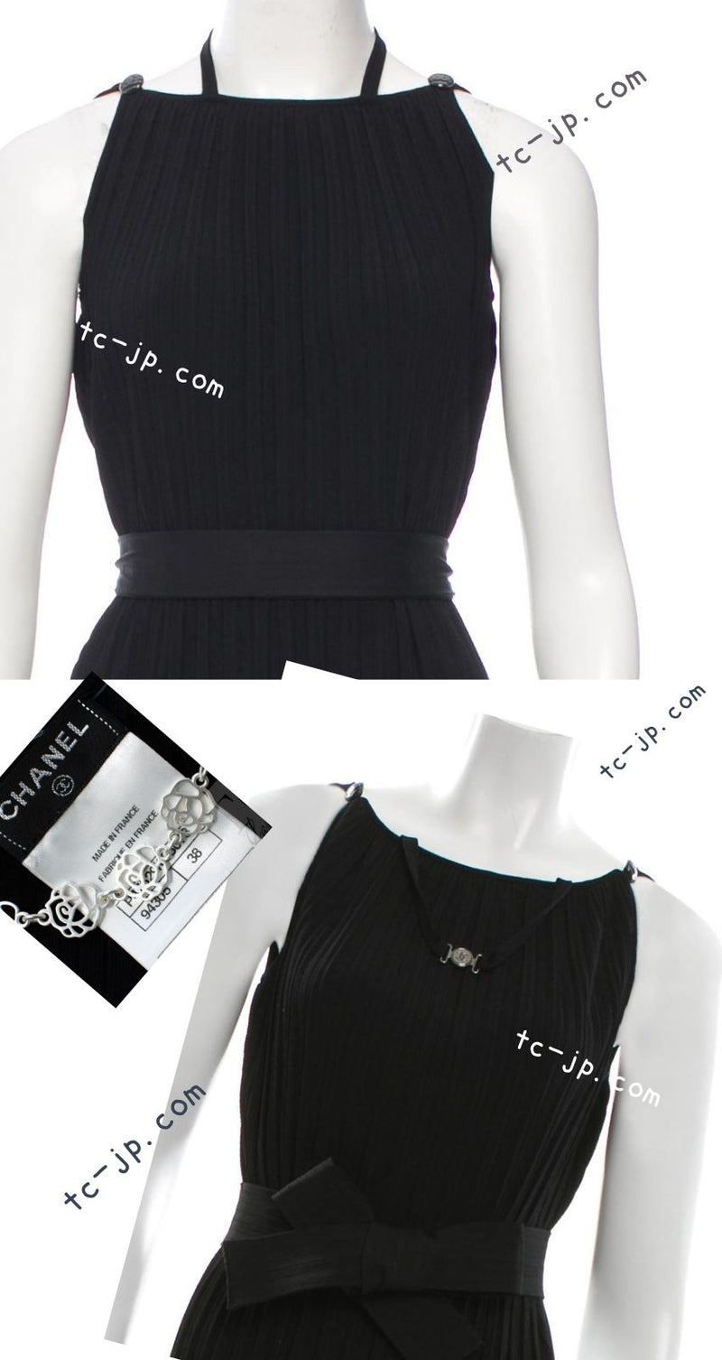CHANEL 14C Black Sleeveless Belted Party Long Dress 38 シャネル ブラック ノースリーブ ベルト パーティー ニット ロング ワンピース 即発