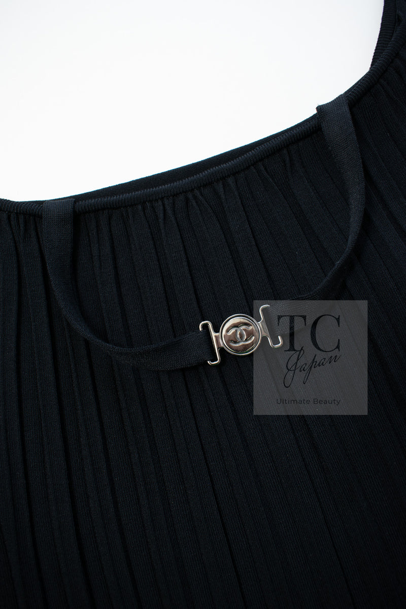 CHANEL 14C Black Sleeveless Belted Party Long Dress 38 シャネル ブラック ノースリーブ ベルト パーティー ニット ロング ワンピース 即発