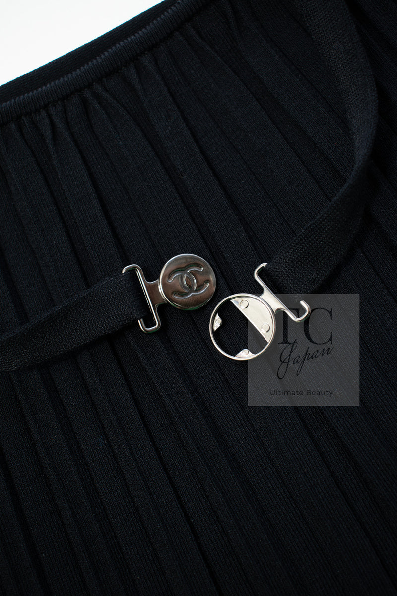 CHANEL 14C Black Sleeveless Belted Party Long Dress 38 シャネル ブラック ノースリーブ ベルト パーティー ニット ロング ワンピース 即発