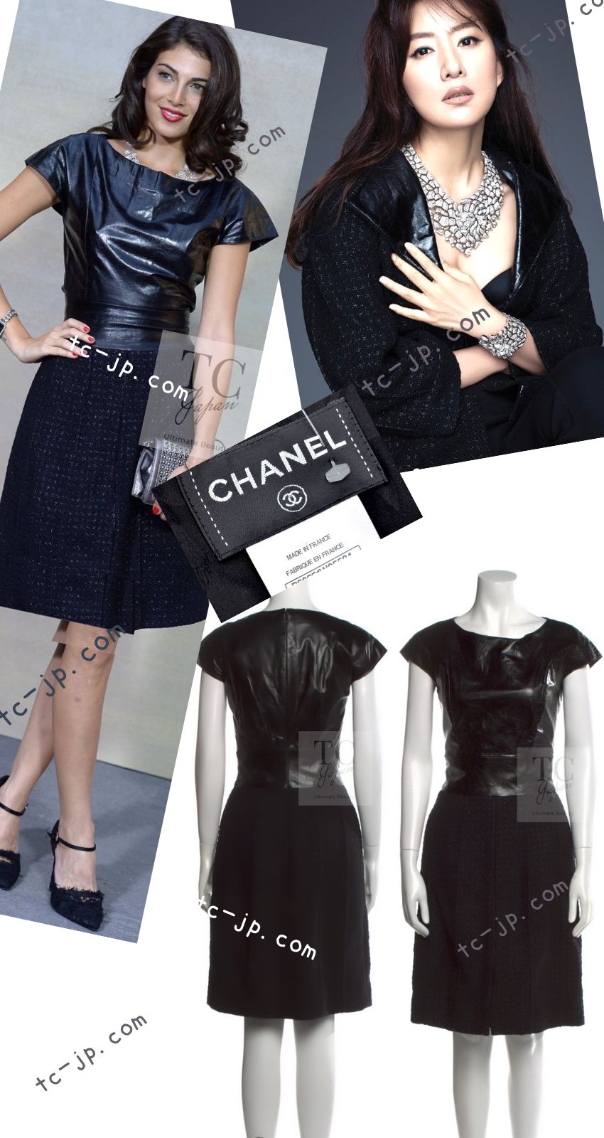 CHANEL 14A Black Wool Leather Tweed Dress 38 シャネル ブラック レザー ウール ツイード ワンピース 即発