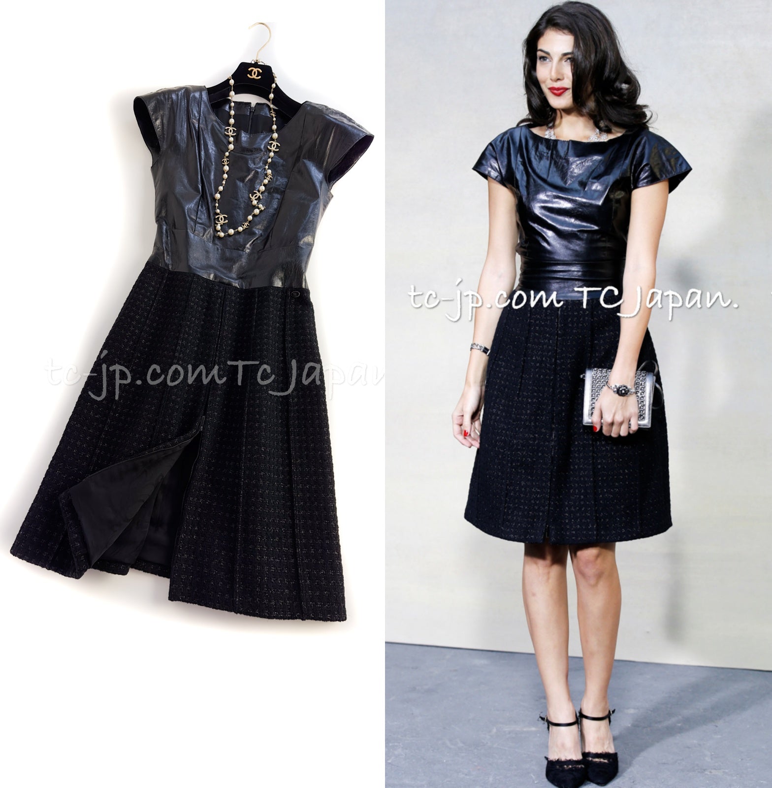 CHANEL 14A Black Wool Leather Tweed Dress 38 シャネル ブラック レザー ウール ツイード ワンピース 即発