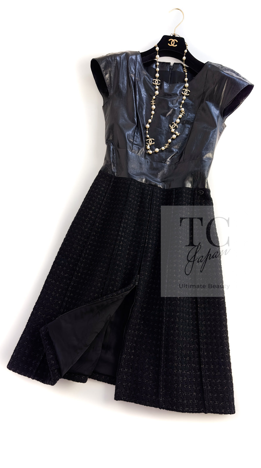CHANEL 14A Black Wool Leather Tweed Dress 38 シャネル ブラック レザー ウール ツイード ワンピース 即発
