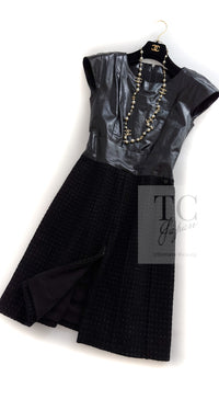 CHANEL 14A Black Wool Leather Tweed Dress 38 シャネル ブラック レザー ウール ツイード ワンピース 即発