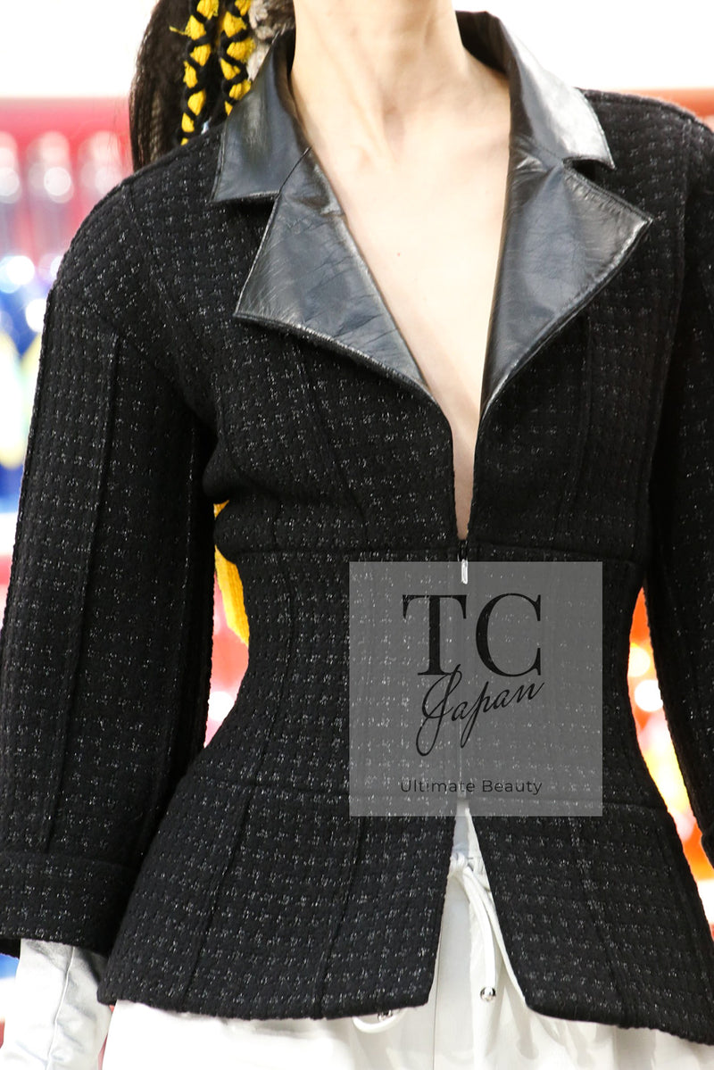 CHANEL 14A Black Wool Leather Tweed Dress 38 シャネル ブラック レザー ウール ツイード ワンピース 即発