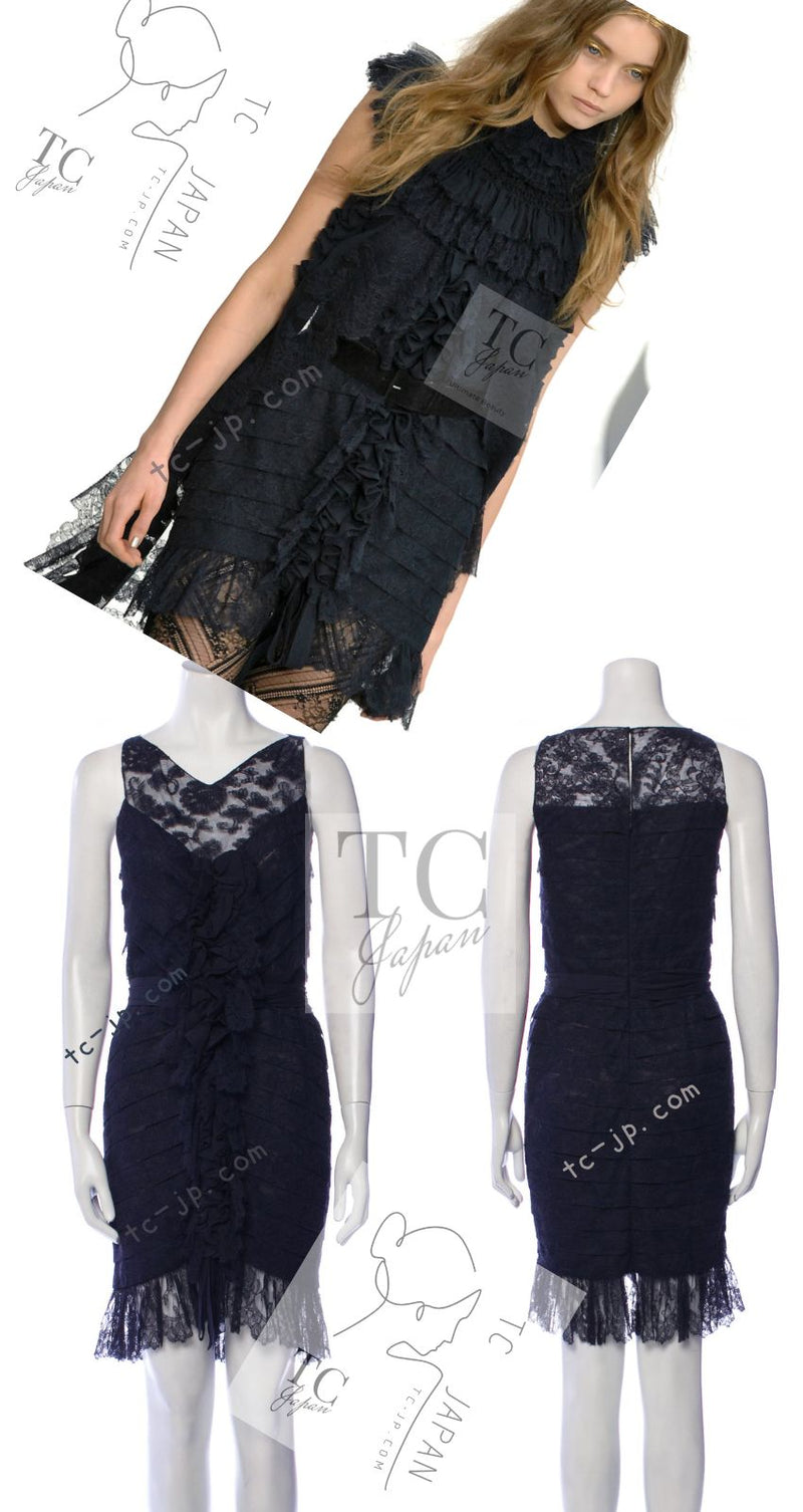 CHANEL 08A Navy Waffle Lace Trim Dress 34 シャネル ネイビー ワッフル レーストリム ワンピース 即発