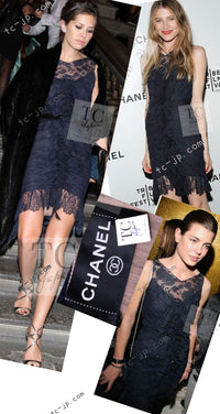 CHANEL 08A Navy Waffle Lace Trim Dress 34 シャネル ネイビー ワッフル レーストリム ワンピース 即発