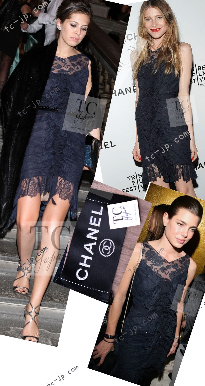 CHANEL 08A Navy Waffle Lace Trim Dress 34 シャネル ネイビー ワッフル レーストリム ワンピース 即発