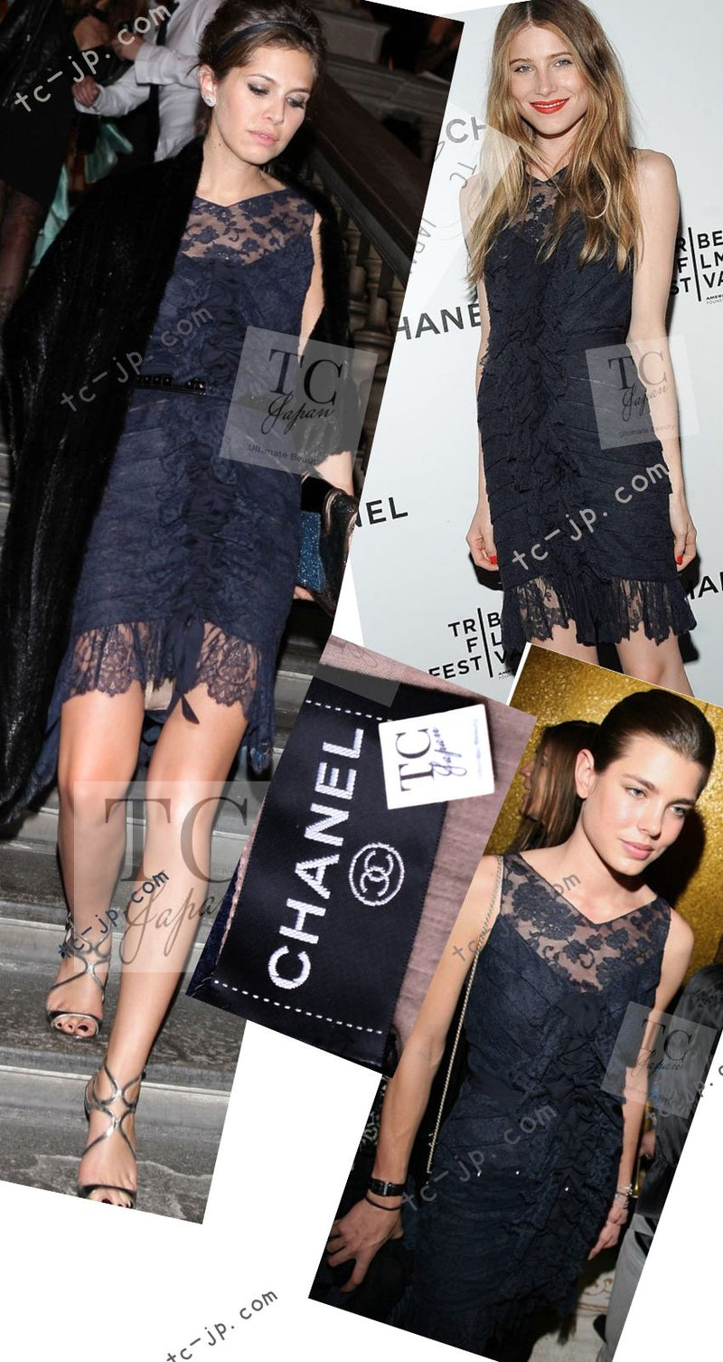 CHANEL 08A Navy Waffle Lace Trim Dress 34 シャネル ネイビー ワッフル レーストリム ワンピース 即発