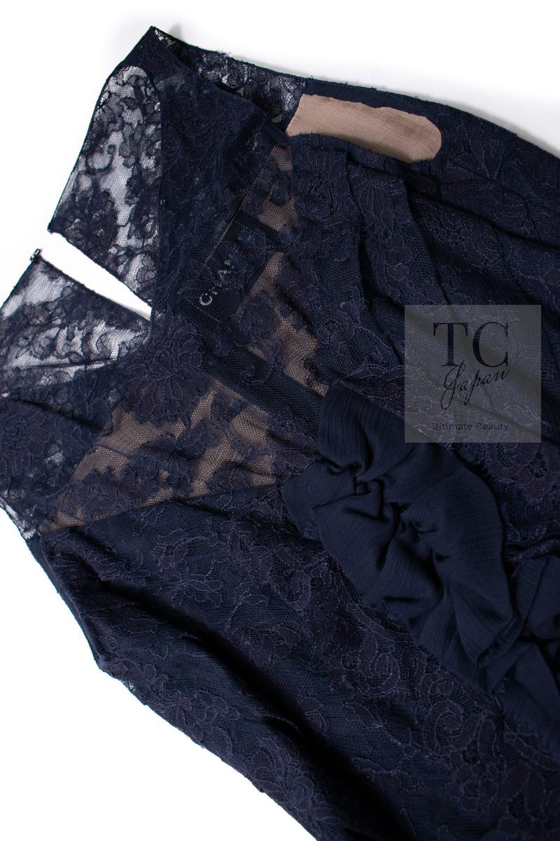 CHANEL 08A Navy Waffle Lace Trim Dress 34 シャネル ネイビー ワッフル レーストリム ワンピース 即発
