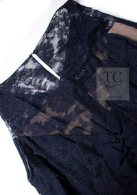 CHANEL 08A Navy Waffle Lace Trim Dress 34 シャネル ネイビー ワッフル レーストリム ワンピース 即発