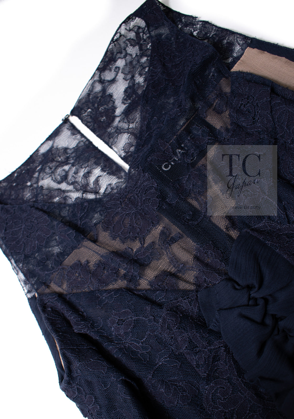 CHANEL 08A Navy Waffle Lace Trim Dress 34 シャネル ネイビー ワッフル レーストリム ワンピース 即発