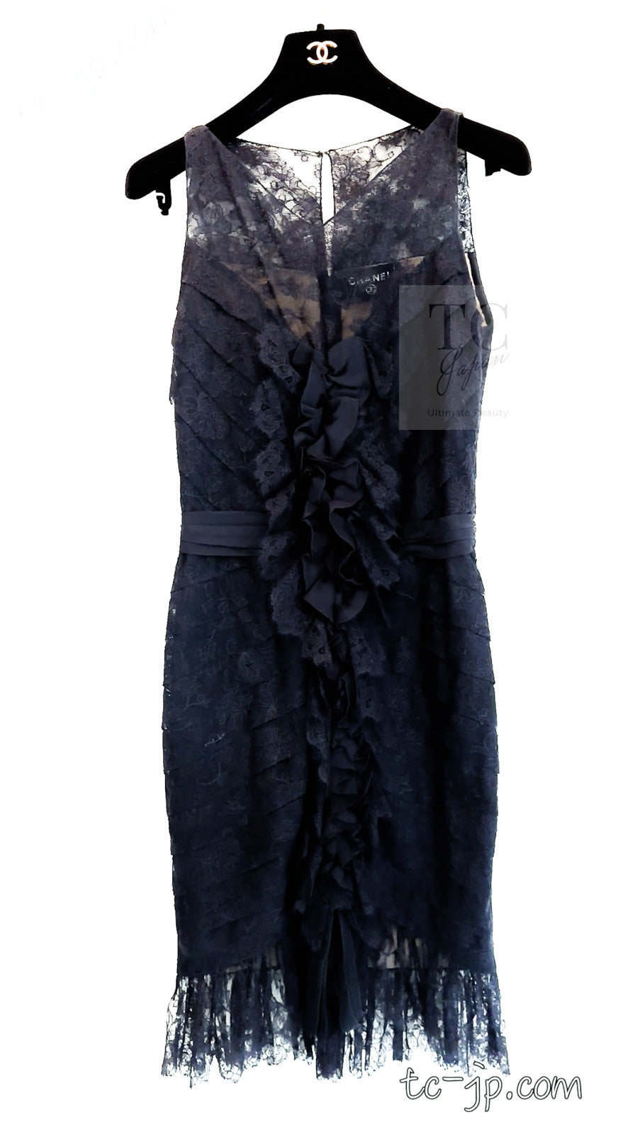 CHANEL 08A Navy Waffle Lace Trim Dress 34 シャネル ネイビー ワッフル レーストリム ワンピース 即発