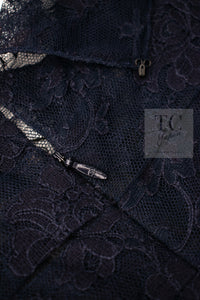 CHANEL 08A Navy Waffle Lace Trim Dress 34 シャネル ネイビー ワッフル レーストリム ワンピース 即発