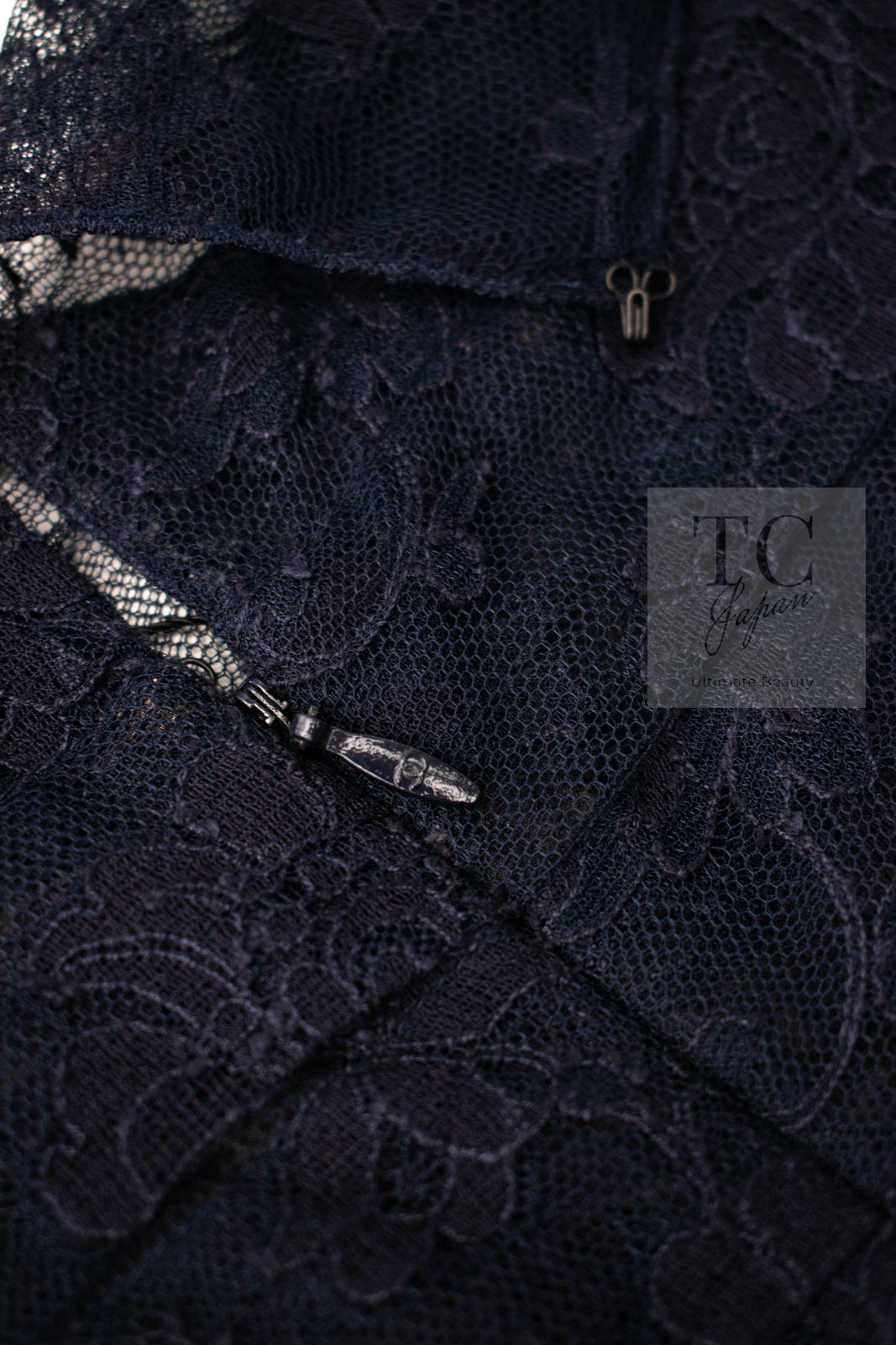 CHANEL 08A Navy Waffle Lace Trim Dress 34 シャネル ネイビー ワッフル レーストリム ワンピース 即発