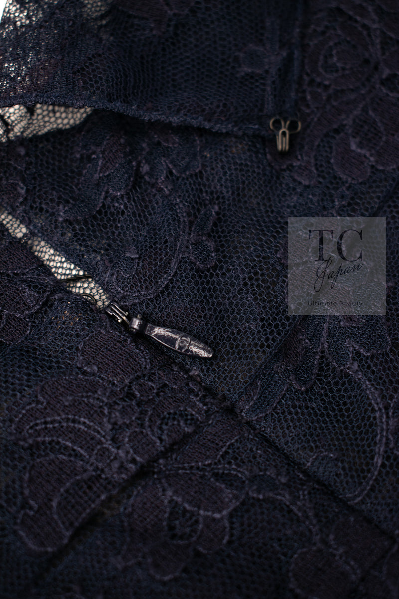 CHANEL 08A Navy Waffle Lace Trim Dress 34 シャネル ネイビー ワッフル レーストリム ワンピース 即発