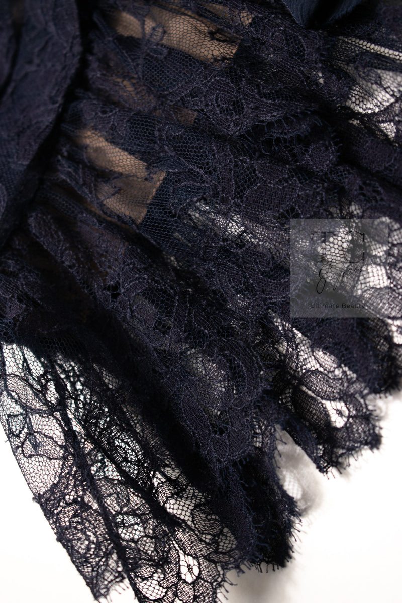 CHANEL 08A Navy Waffle Lace Trim Dress 34 シャネル ネイビー ワッフル レーストリム ワンピース 即発