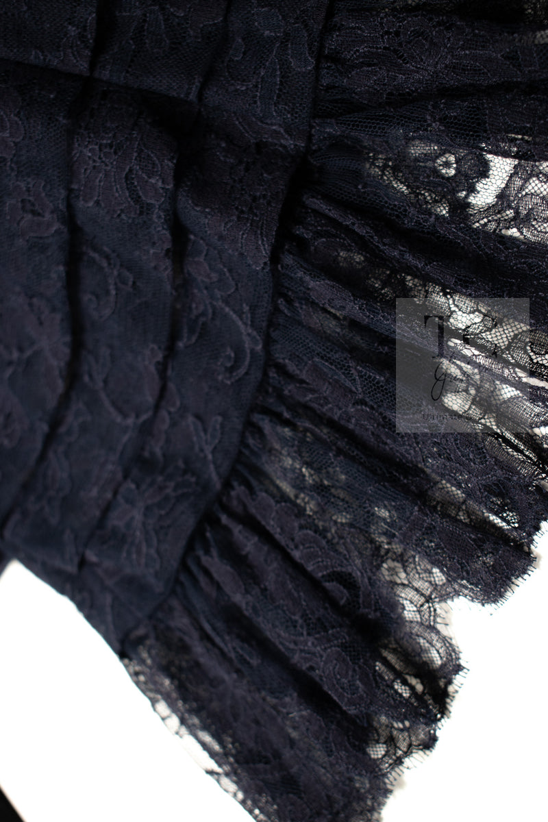 CHANEL 08A Navy Waffle Lace Trim Dress 34 シャネル ネイビー ワッフル レーストリム ワンピース 即発