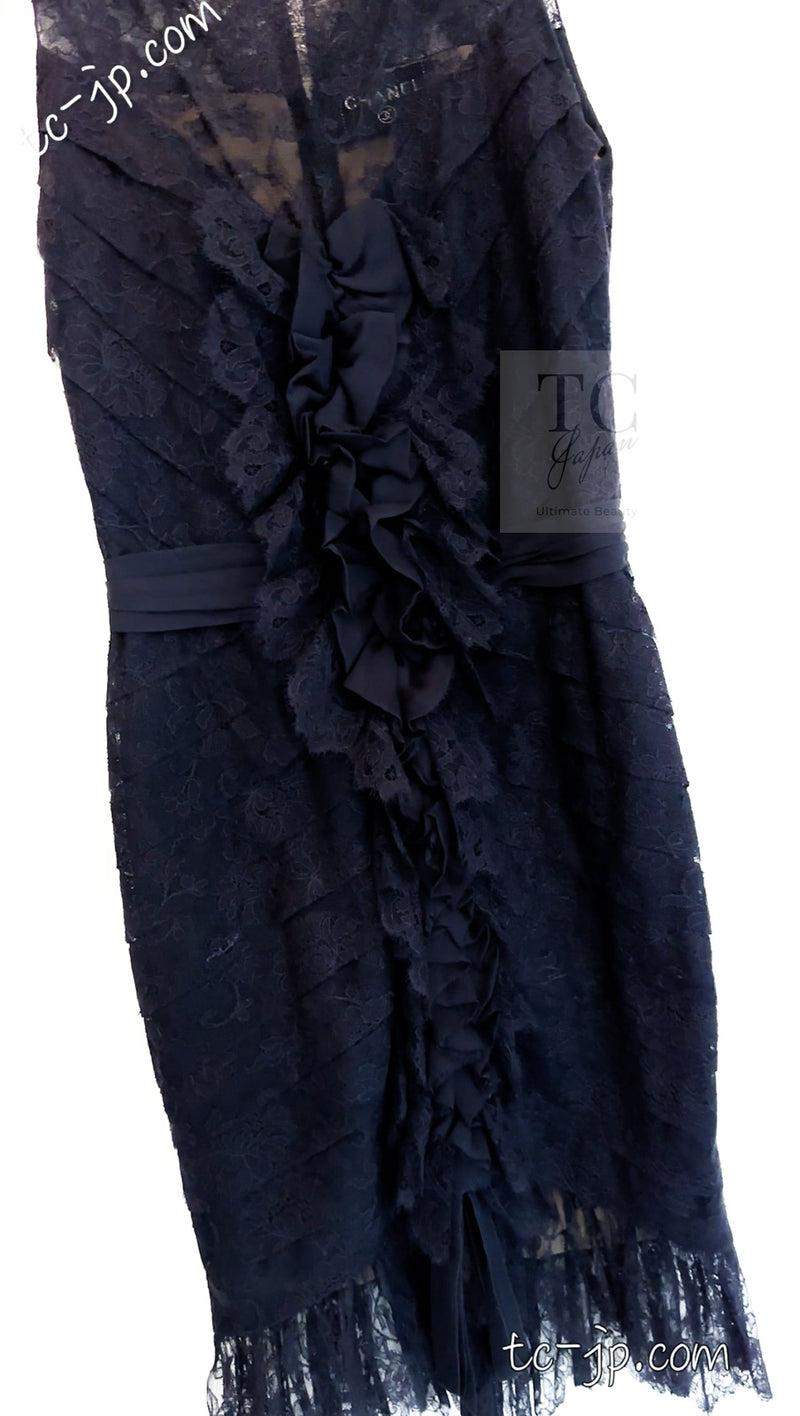 CHANEL 08A Navy Waffle Lace Trim Dress 34 シャネル ネイビー ワッフル レーストリム ワンピース 即発