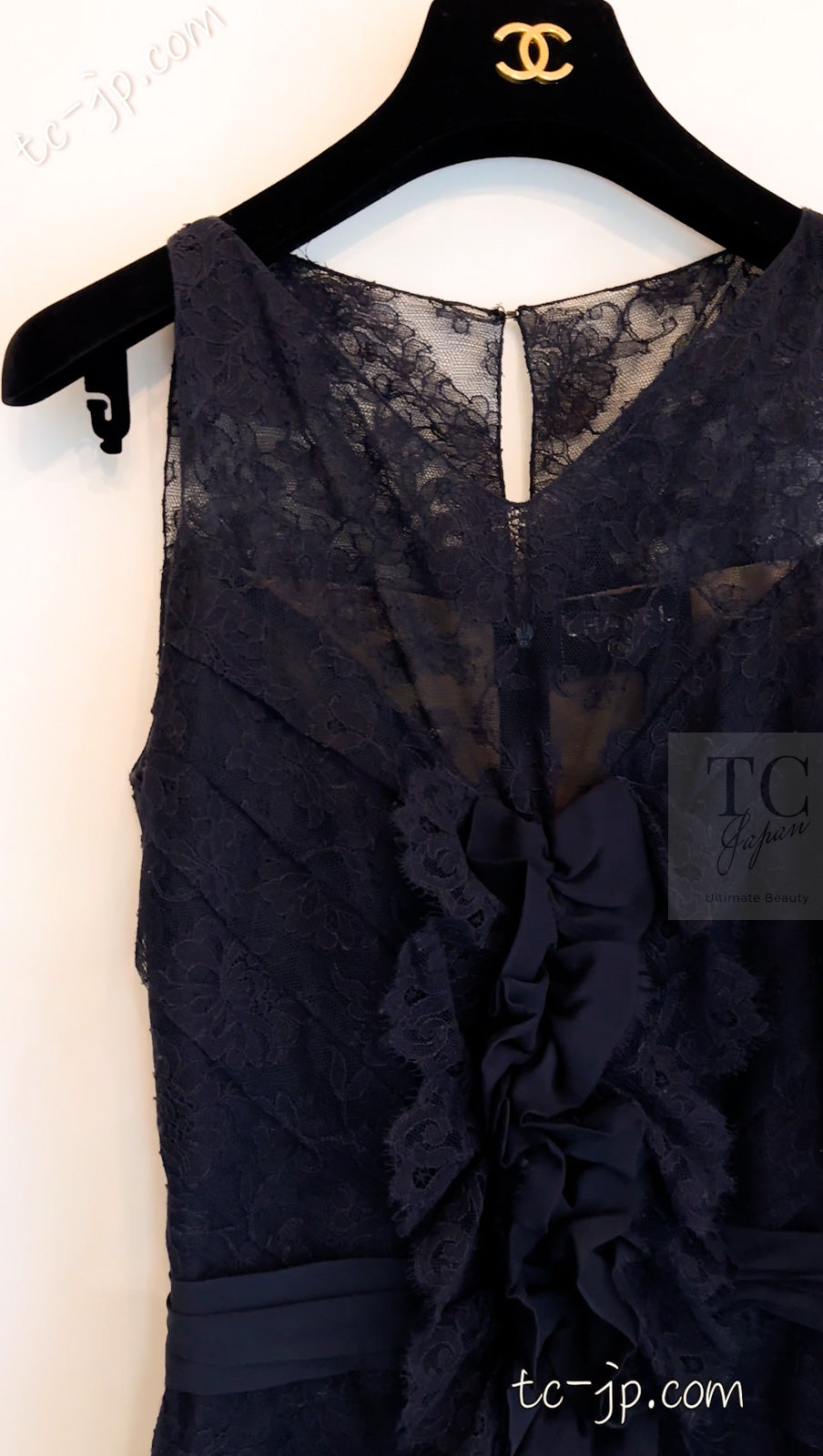 CHANEL 08A Navy Waffle Lace Trim Dress 34 シャネル ネイビー ワッフル レーストリム ワンピース 即発