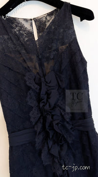 CHANEL 08A Navy Waffle Lace Trim Dress 34 シャネル ネイビー ワッフル レーストリム ワンピース 即発