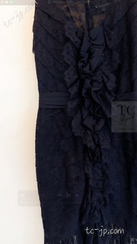 CHANEL 08A Navy Waffle Lace Trim Dress 34 シャネル ネイビー ワッフル レーストリム ワンピース 即発