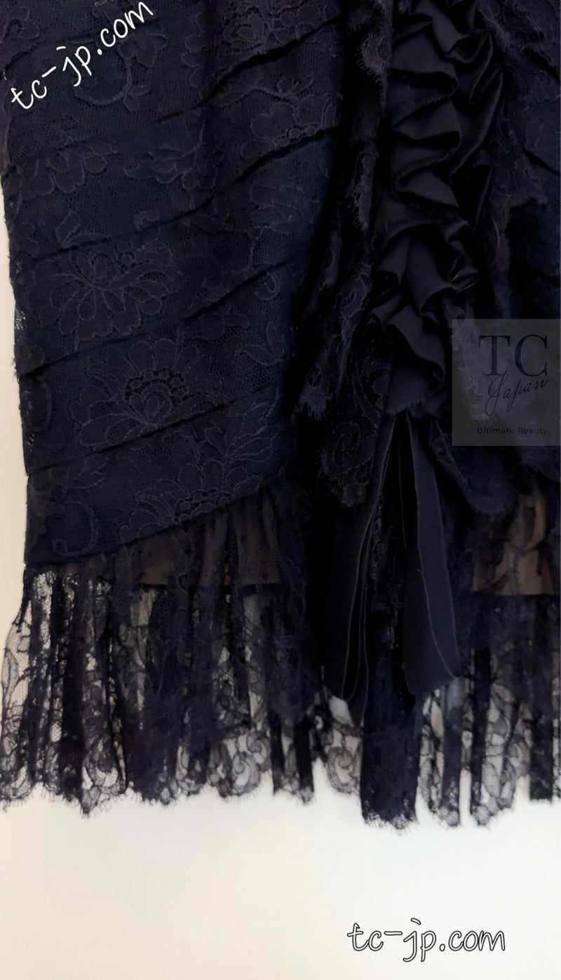 CHANEL 08A Navy Waffle Lace Trim Dress 34 シャネル ネイビー ワッフル レーストリム ワンピース 即発