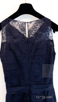 CHANEL 08A Navy Waffle Lace Trim Dress 34 シャネル ネイビー ワッフル レーストリム ワンピース 即発