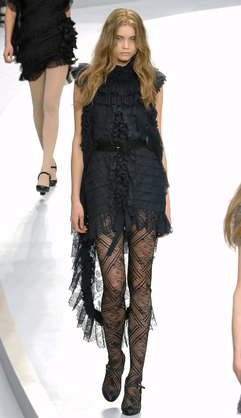 CHANEL 08A Navy Waffle Lace Trim Dress 34 シャネル ネイビー ワッフル レーストリム ワンピース 即発