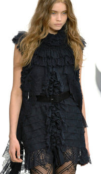 CHANEL 08A Navy Waffle Lace Trim Dress 34 シャネル ネイビー ワッフル レーストリム ワンピース 即発