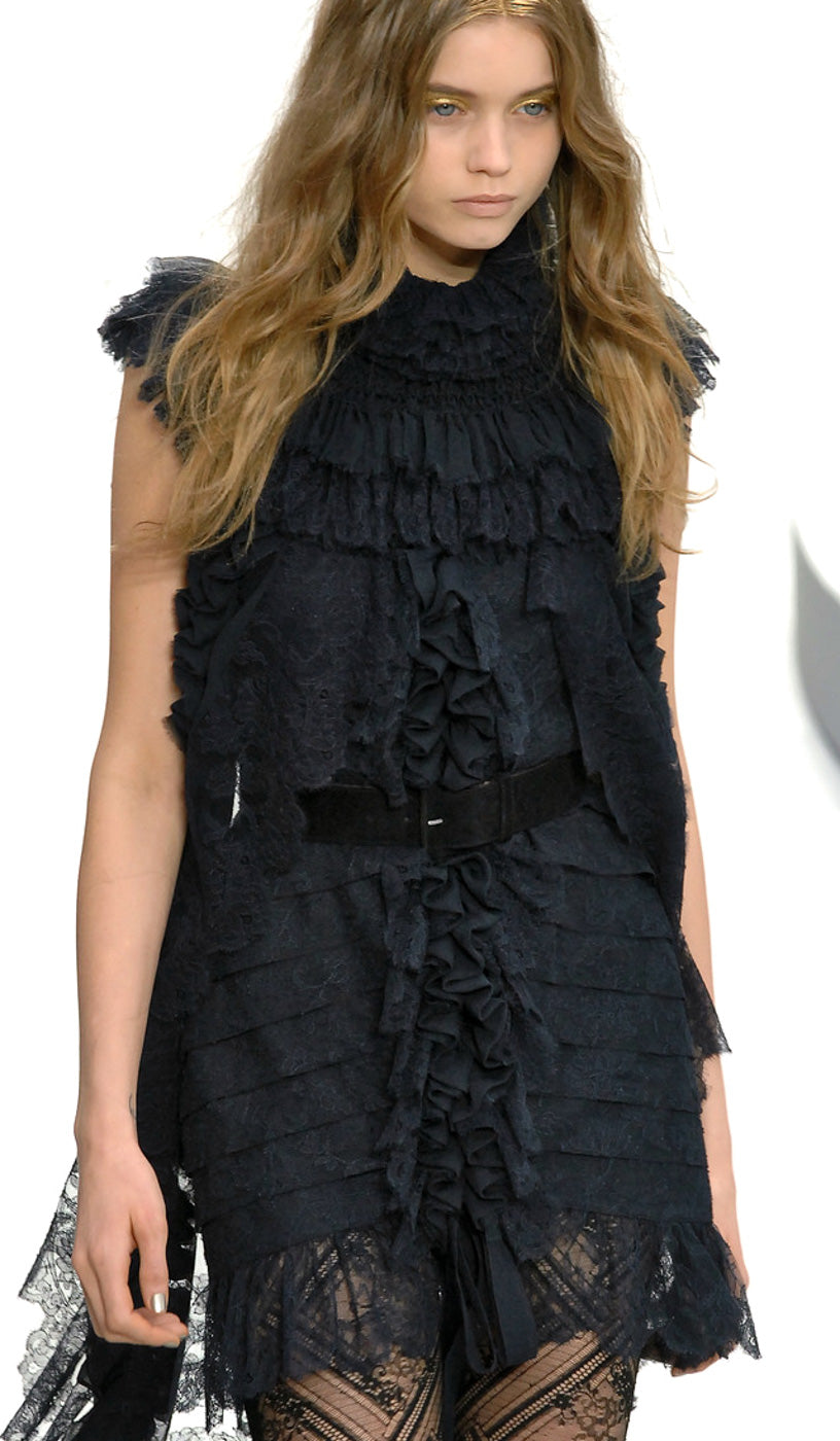 CHANEL 08A Navy Waffle Lace Trim Dress 34 シャネル ネイビー ワッフル レーストリム ワンピース 即発