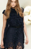 CHANEL 08A Navy Waffle Lace Trim Dress 34 シャネル ネイビー ワッフル レーストリム ワンピース 即発