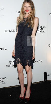 CHANEL 08A Navy Waffle Lace Trim Dress 34 シャネル ネイビー ワッフル レーストリム ワンピース 即発