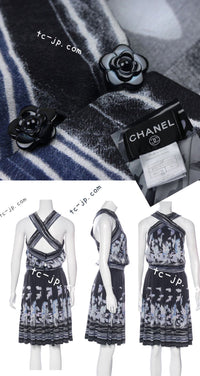 CHANEL 06S Smoky Soft Ink Black Navy Floral Print Dress 36 シャネル 霞スモーキー ブラック ネイビー フローラル シルク 100% ワンピース 即発