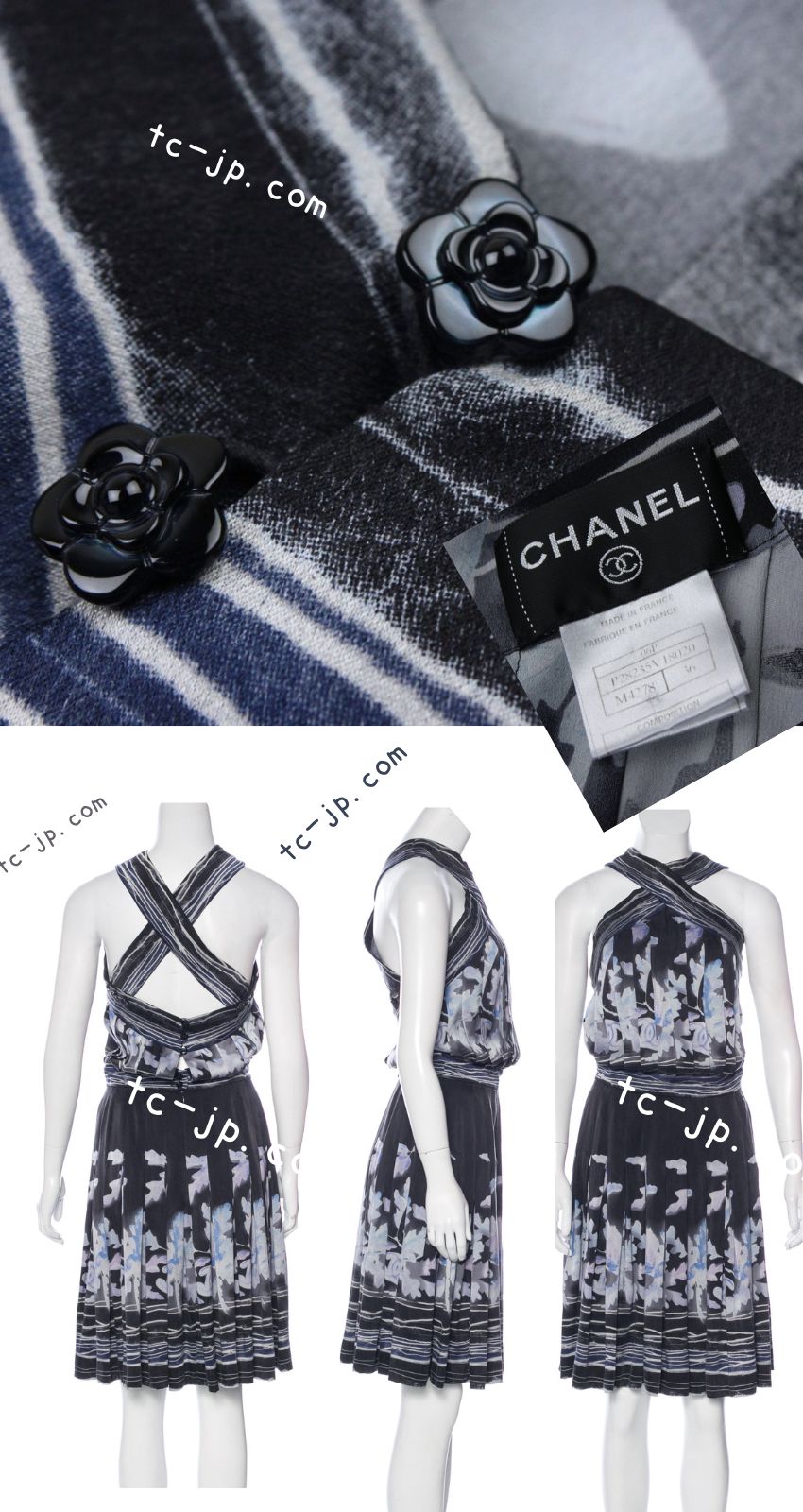 CHANEL 06S Smoky Soft Ink Black Navy Floral Print Dress 36 シャネル 霞スモーキー ブラック ネイビー フローラル シルク 100% ワンピース 即発