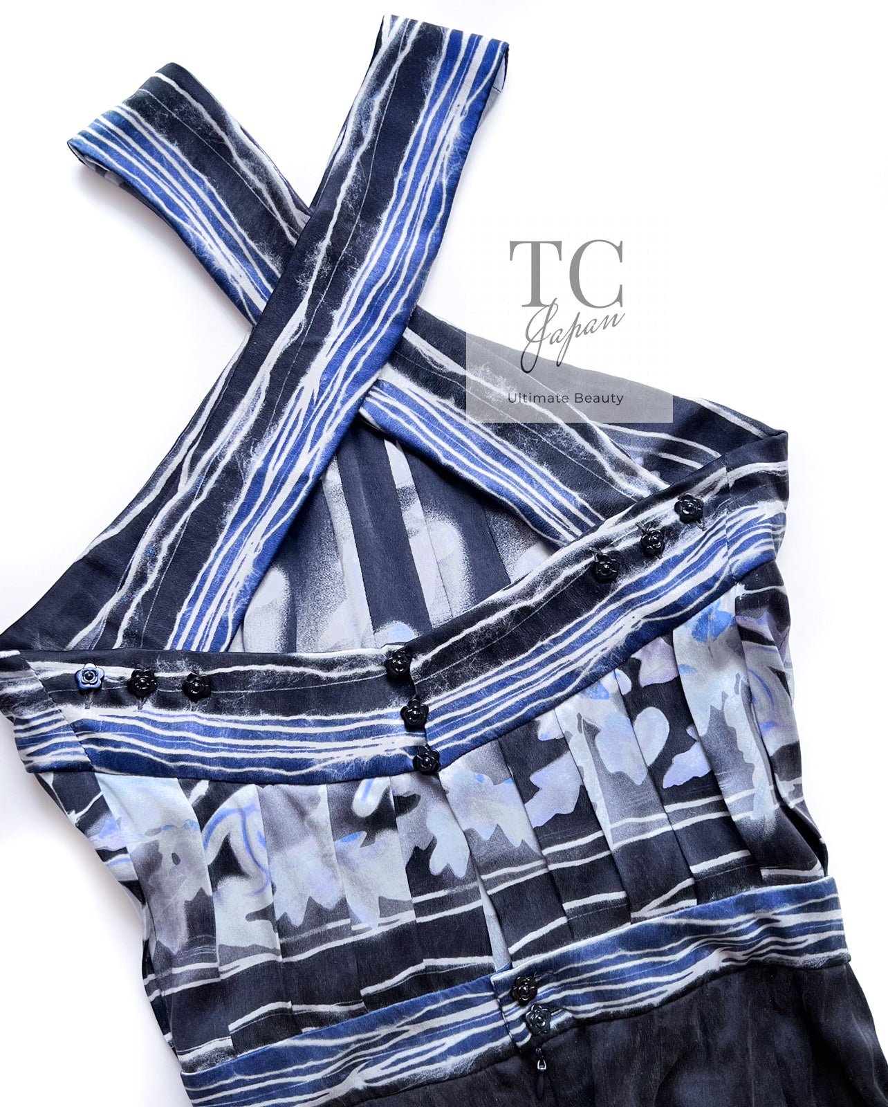 CHANEL 06S Smoky Soft Ink Black Navy Floral Print Dress 36 シャネル 霞スモーキー ブラック ネイビー フローラル シルク 100% ワンピース 即発
