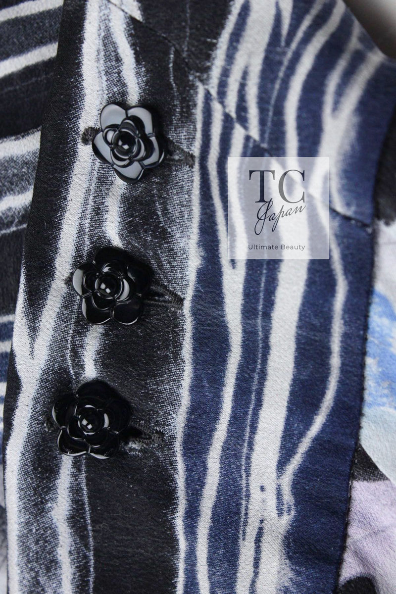 CHANEL 06S Smoky Soft Ink Black Navy Floral Print Dress 36 シャネル 霞スモーキー ブラック ネイビー フローラル シルク 100% ワンピース 即発