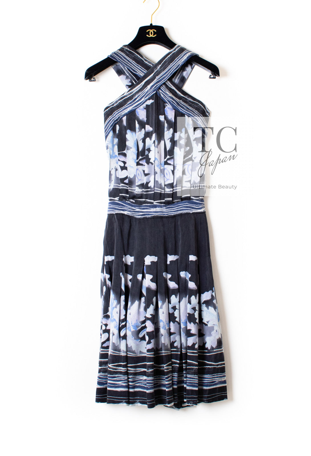 CHANEL 06S Smoky Soft Ink Black Navy Floral Print Dress 36 シャネル 霞スモーキー ブラック ネイビー フローラル シルク 100% ワンピース 即発