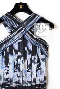 CHANEL 06S Smoky Soft Ink Black Navy Floral Print Dress 36 シャネル 霞スモーキー ブラック ネイビー フローラル シルク 100% ワンピース 即発