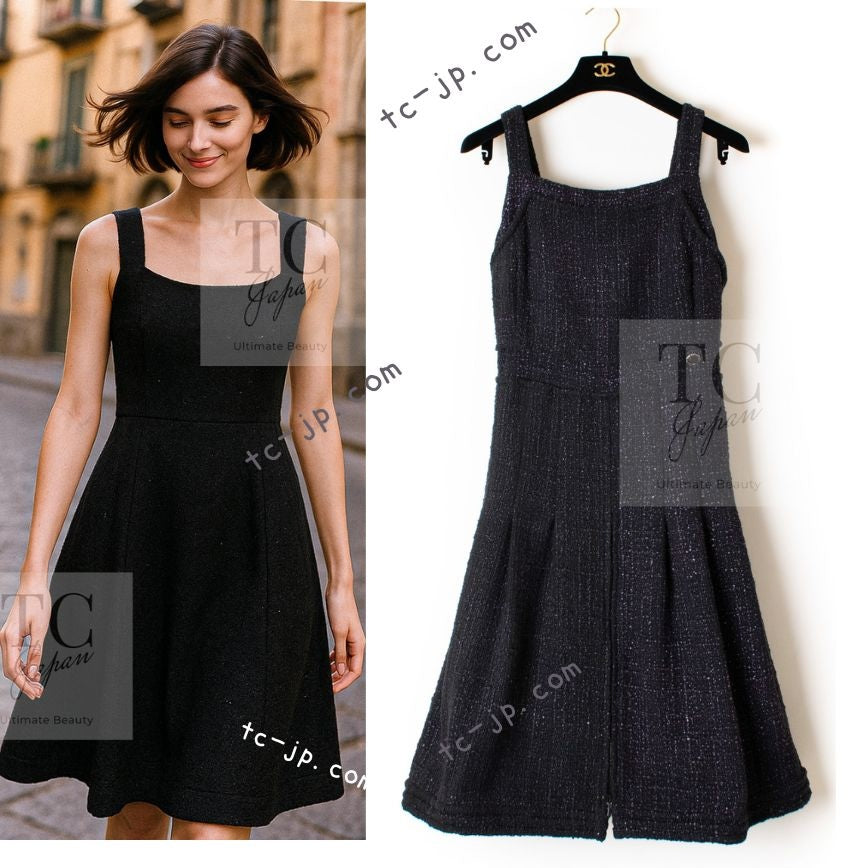 CHANEL 12A Black Purple Plum Sleeveless Cotton Dress 36 38 シャネル ブラック パープル プラム ノースリーブ コットン ワンピース 即発